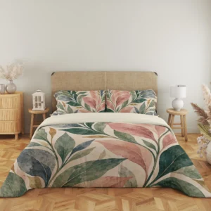 Wide front view of blush, sage, deep green and blue-gray pointed leaves with ochre accents on the cream duvet cover and matching pillows, beside a lantern and lamp.