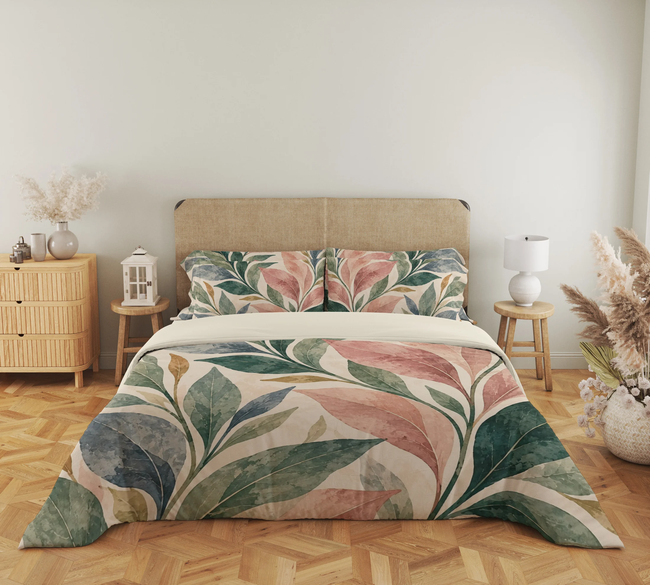 Wide front view of blush, sage, deep green and blue-gray pointed leaves with ochre accents on the cream duvet cover and matching pillows, beside a lantern and lamp.