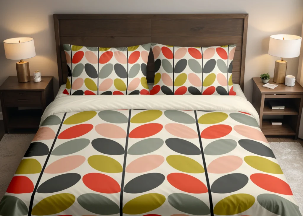 Cream bedding with mustard, peach, red-orange, sage-gray and charcoal oval leaves on dark stems across the duvet and pillows, viewed closely from the front.