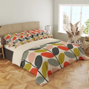 Angled view of mustard, red-orange, peach and gray leaves on a cream duvet, with dark stems curving down the front corner.