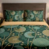Front view of a forest-green duvet cover and matching pillows with mint and ochre dotted circular seedheads, slender ochre stems and an ochre turned-back top.