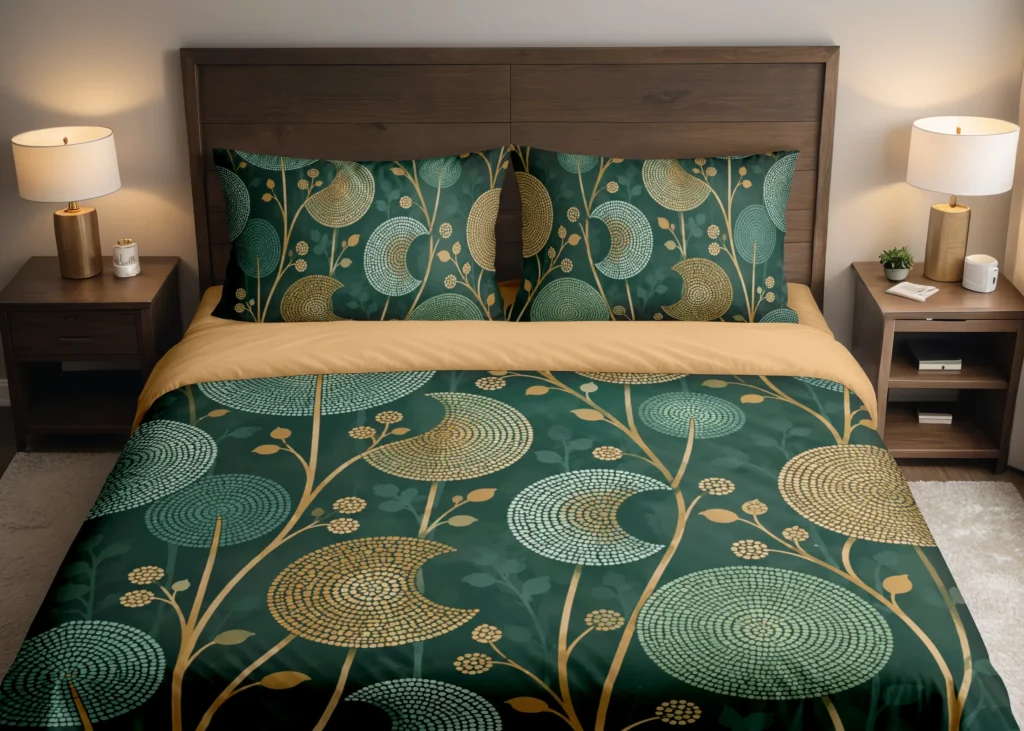 Front view of a forest-green duvet cover and matching pillows with mint and ochre dotted circular seedheads, slender ochre stems and an ochre turned-back top.