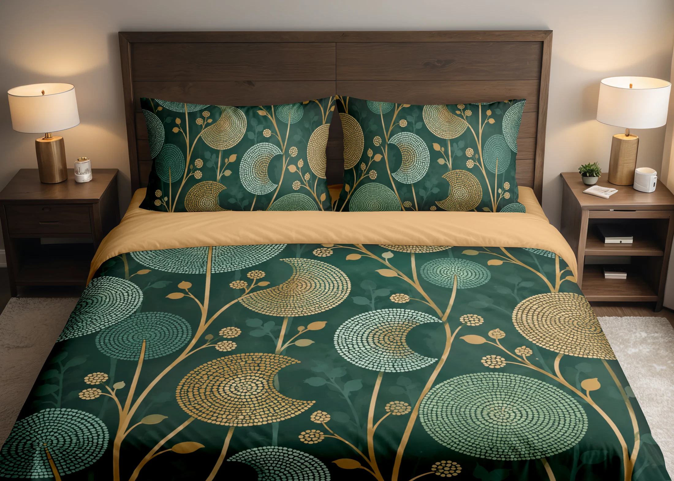 Front view of a forest-green duvet cover and matching pillows with mint and ochre dotted circular seedheads, slender ochre stems and an ochre turned-back top.