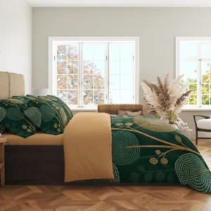 Side view of the forest-green duvet cover with mint and ochre dotted circles and crescents across the draped side, matching pillows and an ochre top fold.