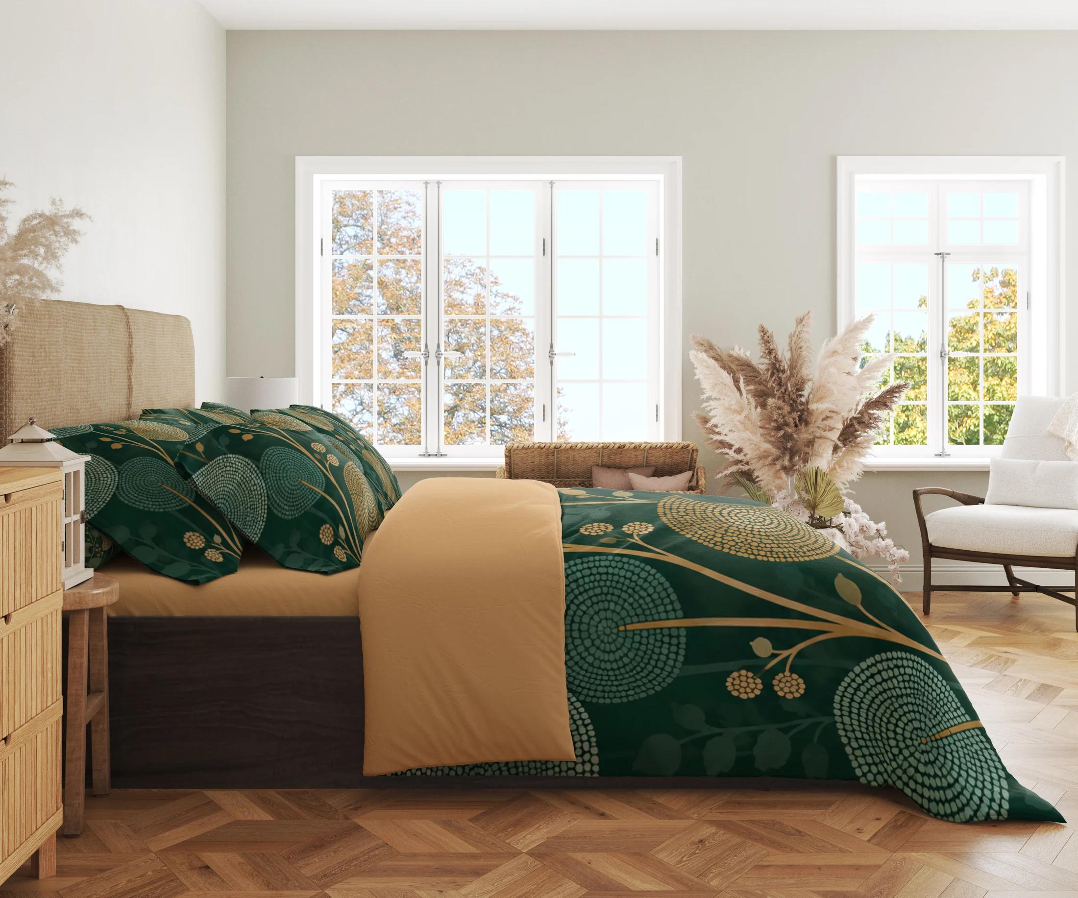 Side view of the forest-green duvet cover with mint and ochre dotted circles and crescents across the draped side, matching pillows and an ochre top fold.