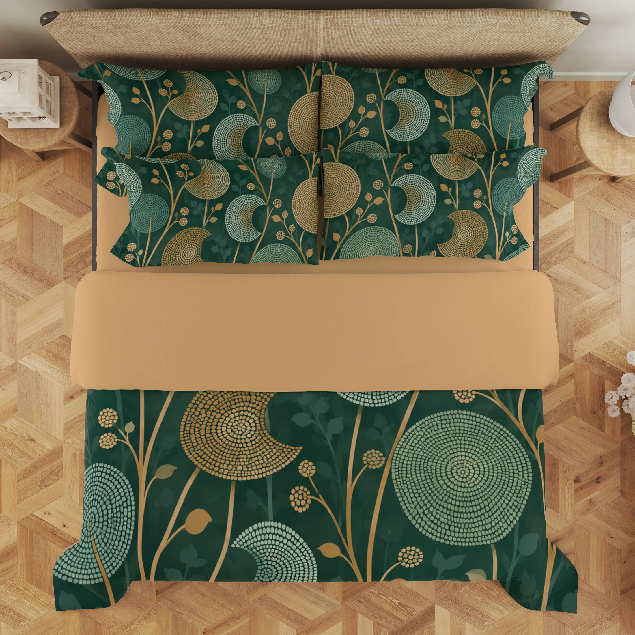 Overhead view of a forest-green duvet cover and matching styled pillows, showing concentric mint and ochre dotted seedheads, muted leaf silhouettes and slender stems.