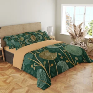Angled view of the forest-green duvet cover with large mint and ochre dotted seedheads around the hanging corner, matching pillows and an ochre turned-back cover.