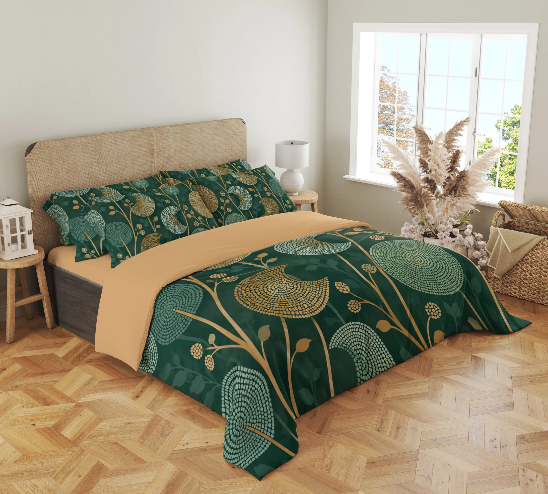 Angled view of the forest-green duvet cover with large mint and ochre dotted seedheads around the hanging corner, matching pillows and an ochre turned-back cover.