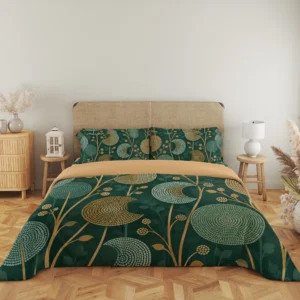 Wide front view of the forest-green duvet cover with dotted mint and ochre circles and crescents, small botanical sprigs and matching pillows above the ochre fold.