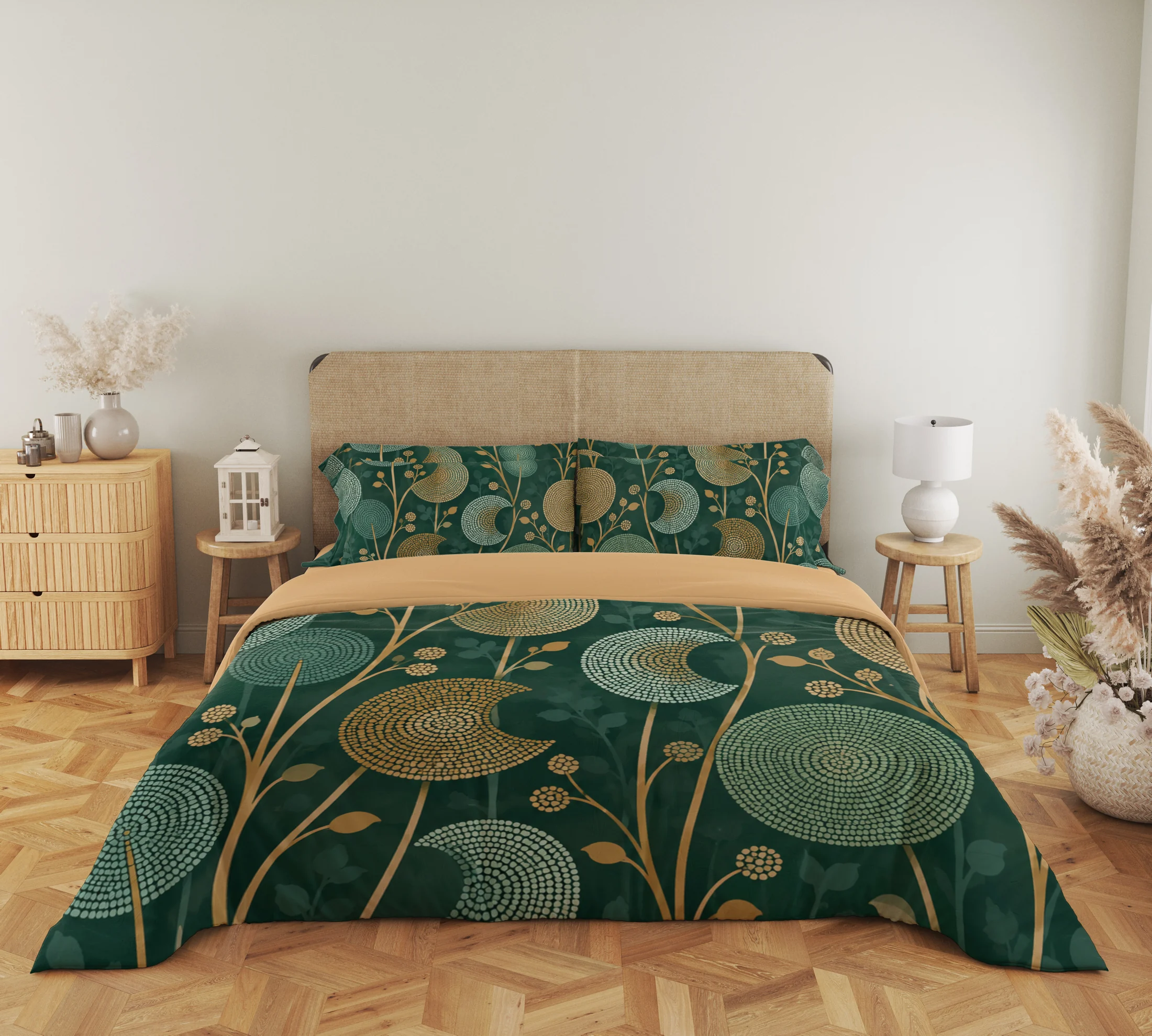 Wide front view of the forest-green duvet cover with dotted mint and ochre circles and crescents, small botanical sprigs and matching pillows above the ochre fold.