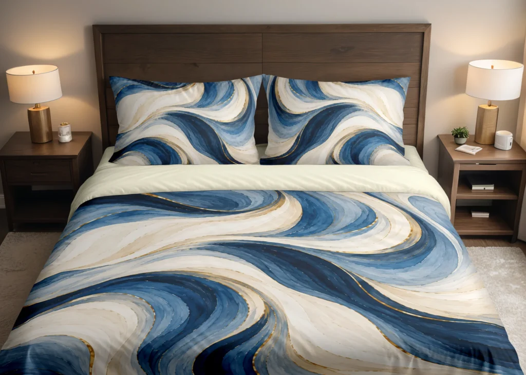 Front view of ivory and blue flowing ribbons with gold-colored accents on a duvet cover and matching pillowcases against a dark wooden headboard.