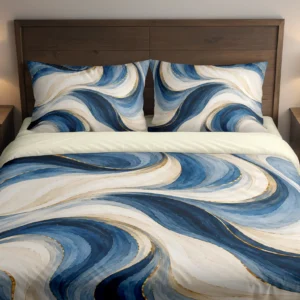 Front view of ivory and blue flowing ribbons with gold-colored accents on a duvet cover and matching pillowcases against a dark wooden headboard.