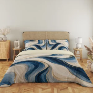 Wide front view of the ivory and blue flowing ribbon duvet cover and matching pillows, with gold-colored accents, a woven headboard, lantern and bedside lamp.