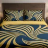Front-facing bed with broad gold-colored ribbon fans on navy bedding, two printed pillows and a gold-colored folded duvet edge.