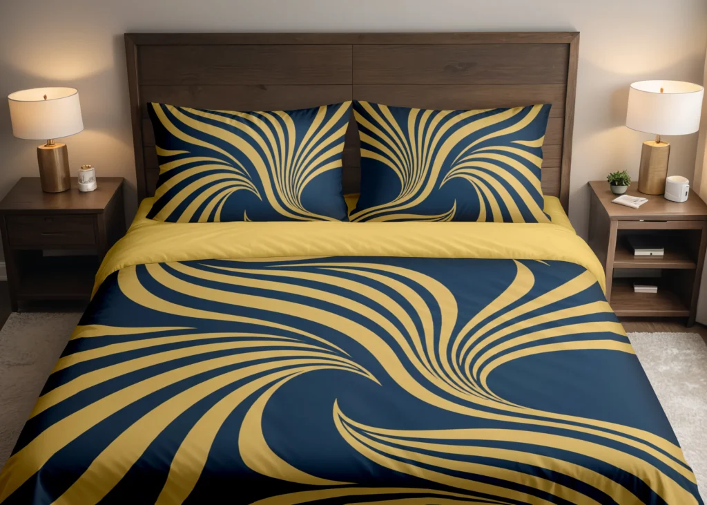 Front-facing bed with broad gold-colored ribbon fans on navy bedding, two printed pillows and a gold-colored folded duvet edge.