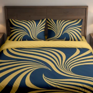 Front-facing bed with broad gold-colored ribbon fans on navy bedding, two printed pillows and a gold-colored folded duvet edge.