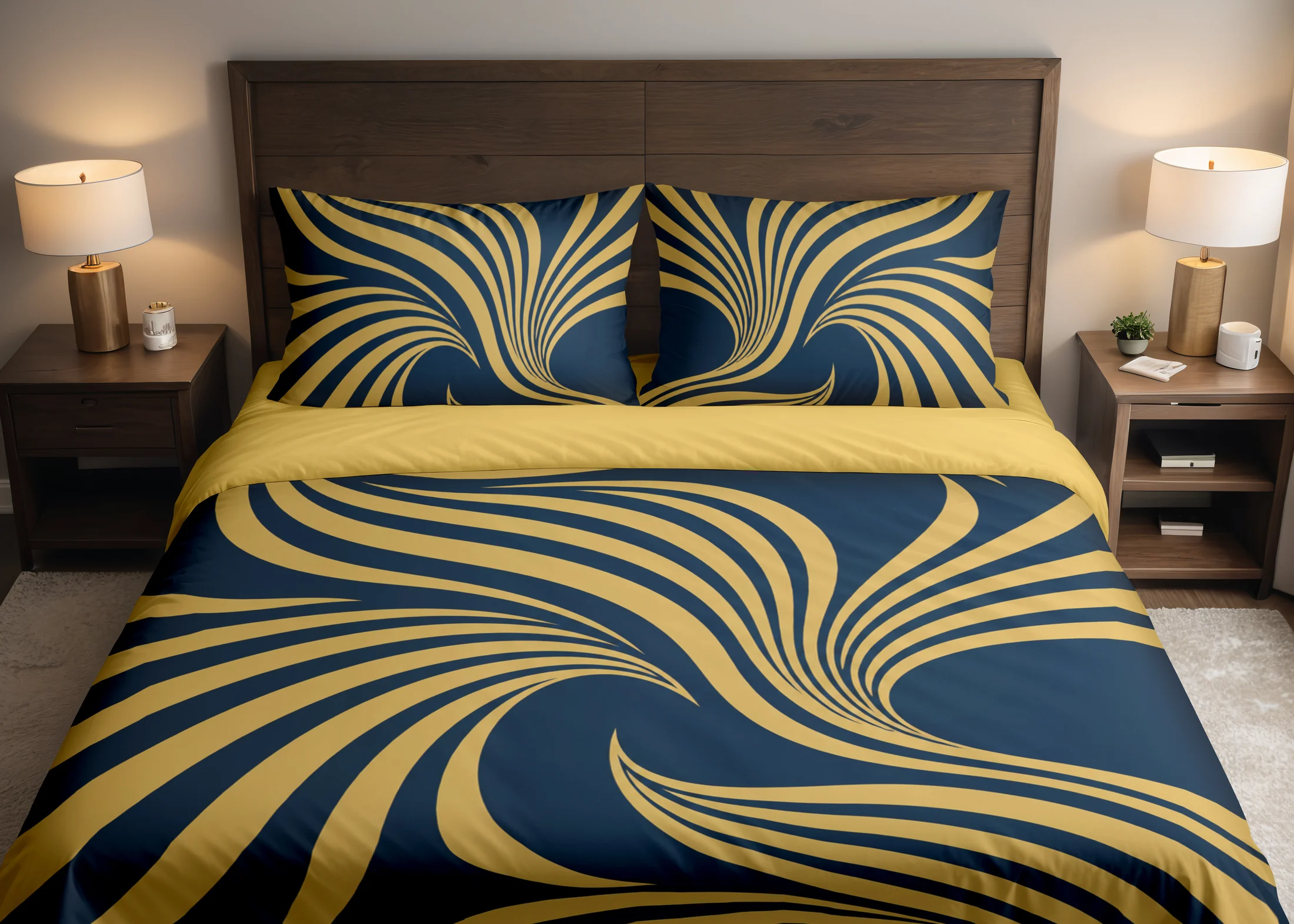 Front-facing bed with broad gold-colored ribbon fans on navy bedding, two printed pillows and a gold-colored folded duvet edge.