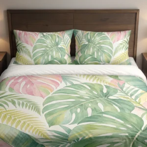 Front view of oversized sage and blush split leaves with pale yellow fronds on a cream duvet cover and matching pillowcases against a dark wooden headboard.
