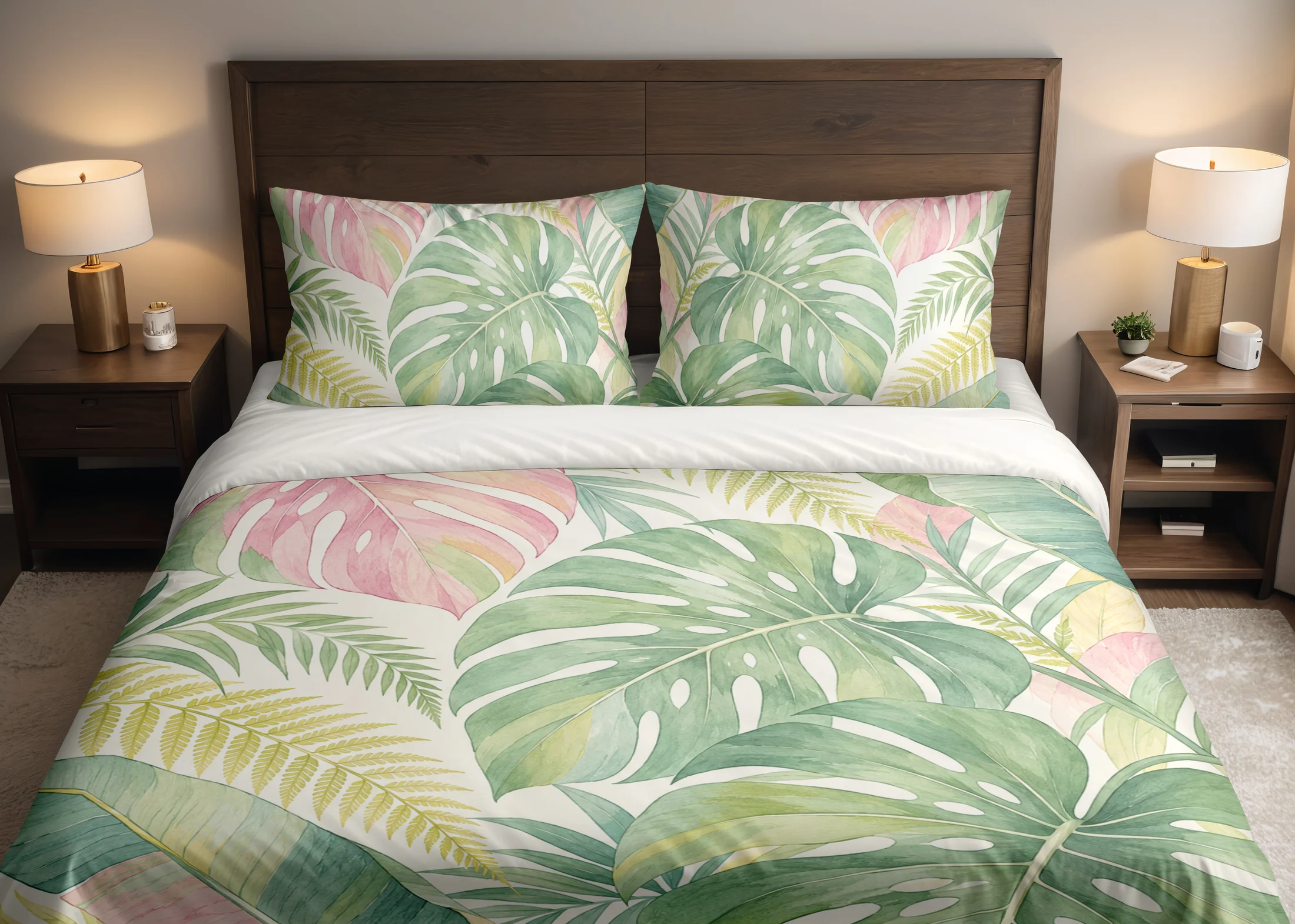Front view of oversized sage and blush split leaves with pale yellow fronds on a cream duvet cover and matching pillowcases against a dark wooden headboard.