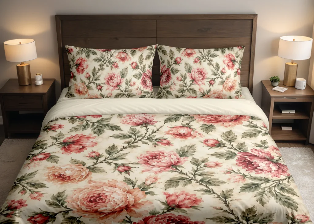 Front view of a cream duvet cover and matching pillows with layered rose, coral and peach peony-style blooms and olive foliage.