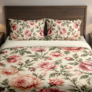 Front view of a cream duvet cover and matching pillows with layered rose, coral and peach peony-style blooms and olive foliage.