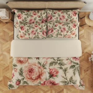 Overhead view of a cream duvet cover with rose, coral and peach peonies across the lower cover and matching floral pillows at the head of the bed.