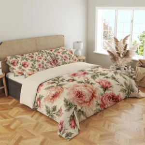 Angled view of a peony-print duvet cover and matching pillows, with large peach and rose blooms around the hanging front corner.