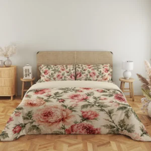 Wide front view of the cream peony-print duvet cover, olive branches and matching floral pillows with the cream top turned back.