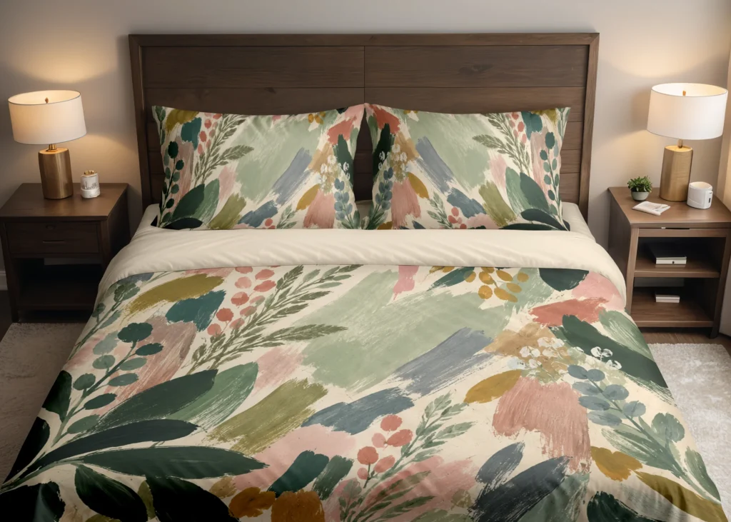 Front-facing bed with sage, blush and blue-gray brushstrokes and dark green leaves on a cream duvet cover and two printed pillows.