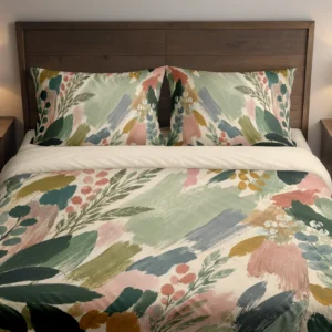 Front-facing bed with sage, blush and blue-gray brushstrokes and dark green leaves on a cream duvet cover and two printed pillows.