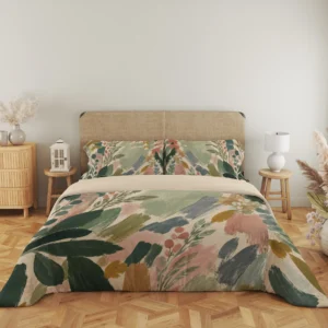 Close frontal view of a sage and blush brushstroke duvet with leafy sprigs, two printed pillows and a cream folded edge above a parquet floor.