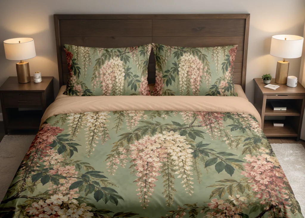 Front view of a sage duvet cover and matching pillows with hanging cream and dusty rose blossoms, dark branches and layered green leaves.