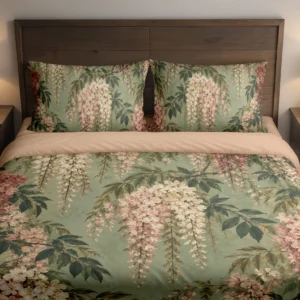 Front view of a sage duvet cover and matching pillows with hanging cream and dusty rose blossoms, dark branches and layered green leaves.