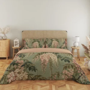 Wide front view of a sage duvet cover with hanging cream and rose blossoms across the lower cover, matching floral pillows and a peach-beige top fold.