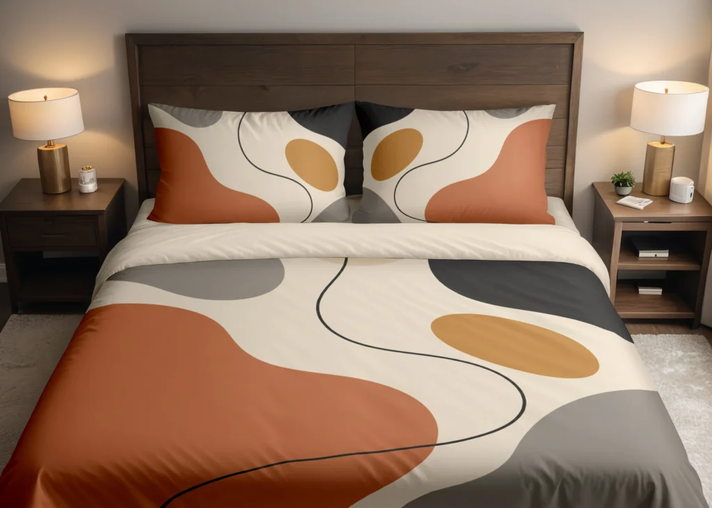 Front view of cream, terracotta and gray organic-shape bedding with an ochre accent and a wandering charcoal line, styled against a dark wood headboard.