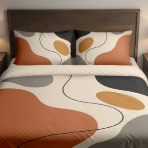 Front view of cream, terracotta and gray organic-shape bedding with an ochre accent and a wandering charcoal line, styled against a dark wood headboard.