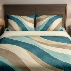 Front view of teal, seafoam and sandy neutral curved-band bedding with two printed pillows and a cream folded edge against a dark wood headboard.