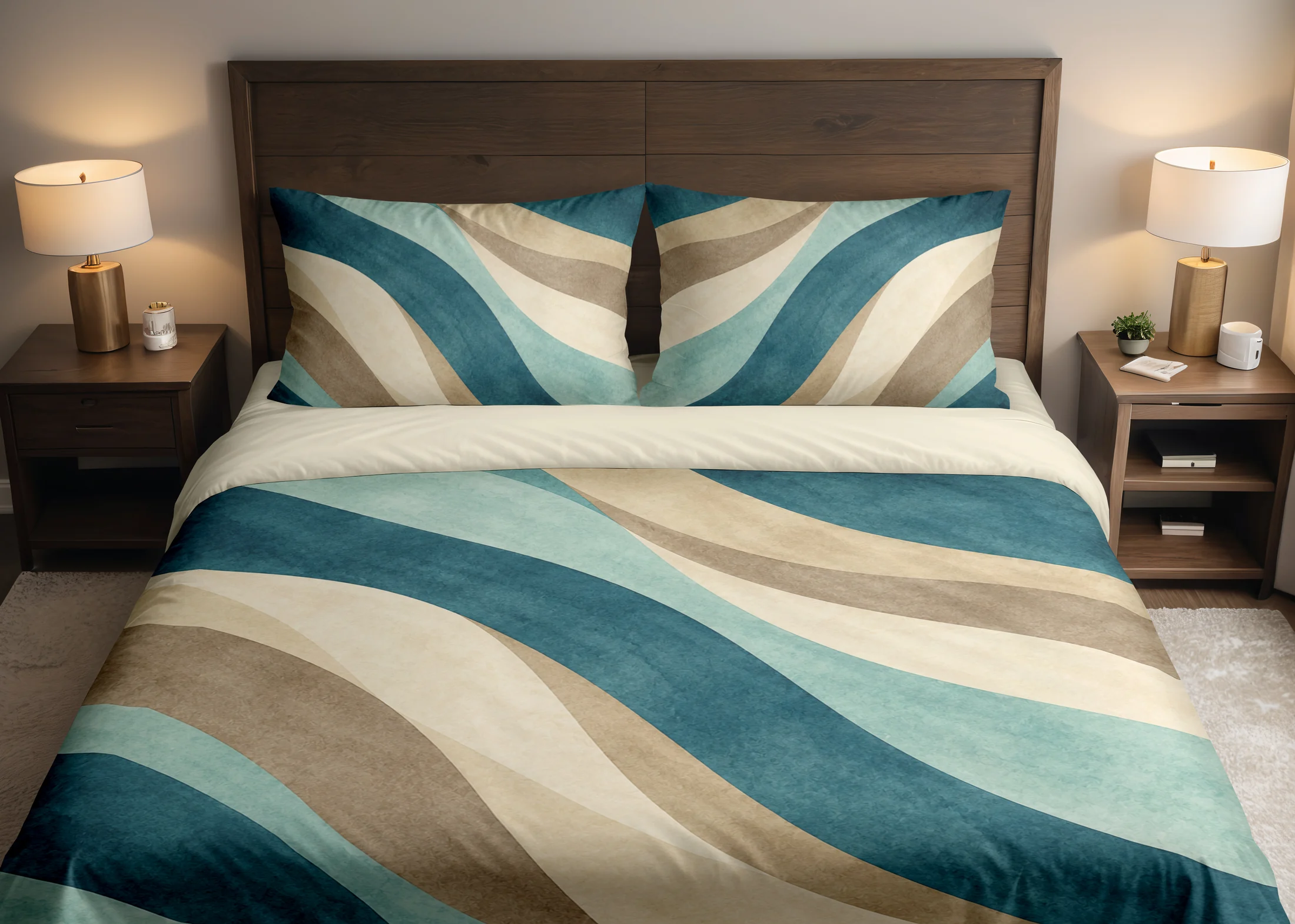 Front view of teal, seafoam and sandy neutral curved-band bedding with two printed pillows and a cream folded edge against a dark wood headboard.
